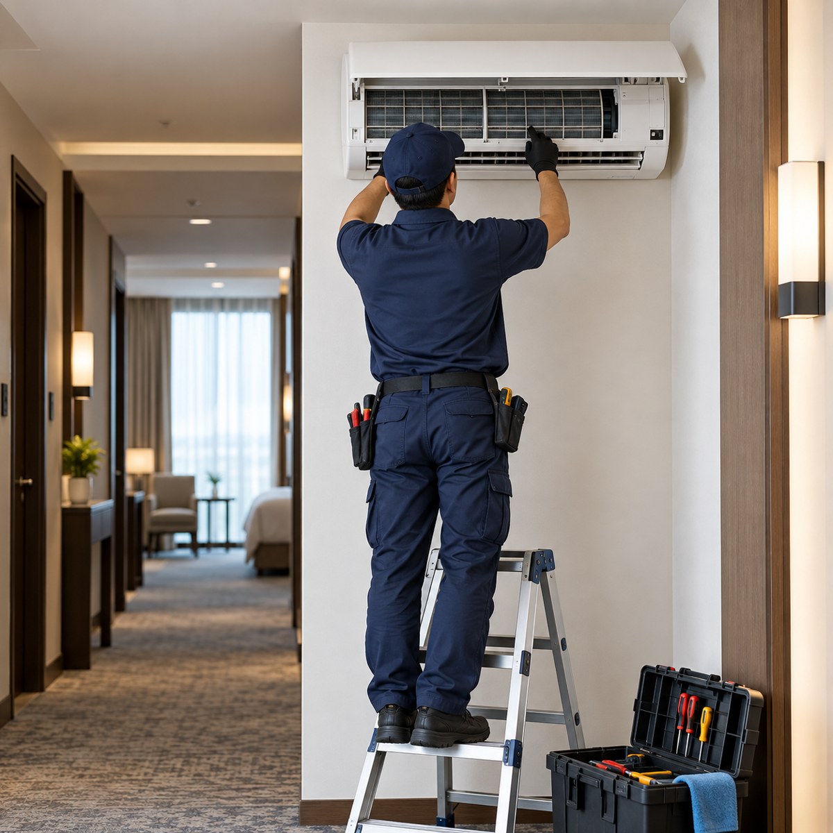 Technicus controleert airconditioning in een zakelijk interieur