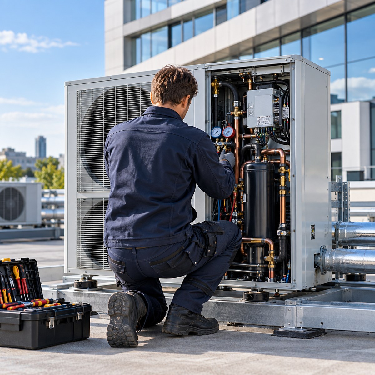 Technicus bij een zakelijke warmtepompinstallatie
